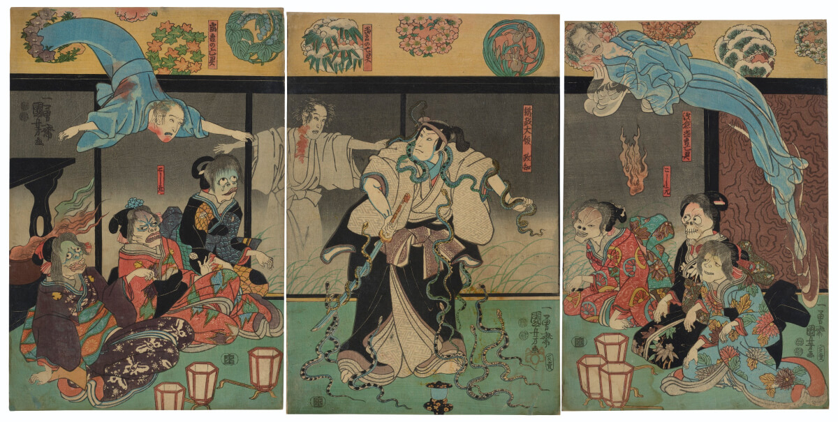 Tranh về hồn ma Asakura Togo tấn công Orikoshi Masatomo của họa sĩ Utagawa Kuniyoshi.